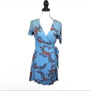 Lulu’s Kiss & Pastel Light Blue Green Floral V-Neck Mini Wrap Dress Casual Large